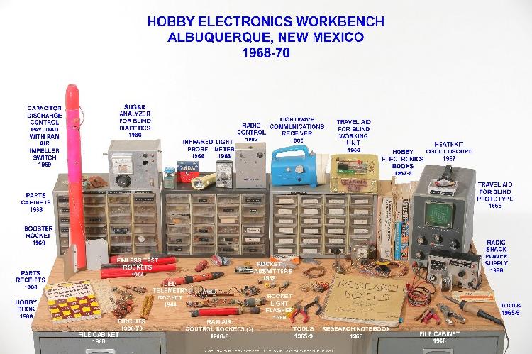 Closeup of my workbench (used from 1969 to 1976 in Albuquerque, New Mexico) showing projects and original tools from 1966 to 1970. 